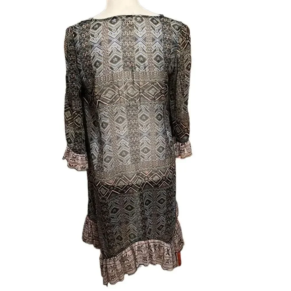 Sun & Shadow sz S black & blue print ruffled hem & sleeves swimsuit coverup GUC